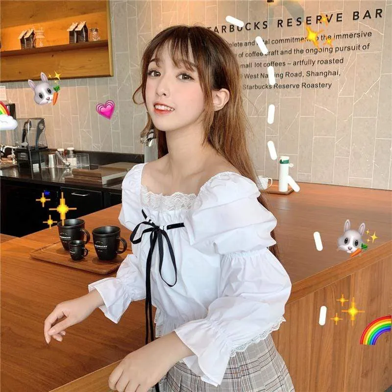 Kawaii Square Collar Shirt With Silk Ribbon