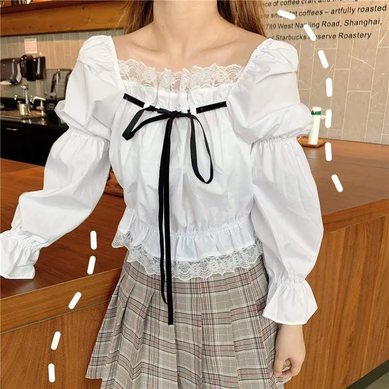 Kawaii Square Collar Shirt With Silk Ribbon