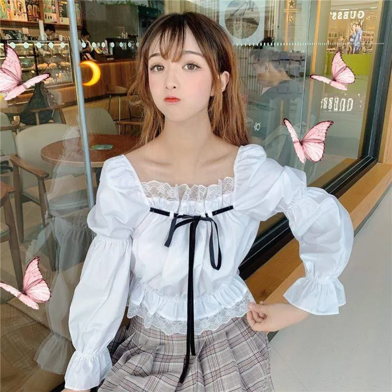 Kawaii Square Collar Shirt With Silk Ribbon