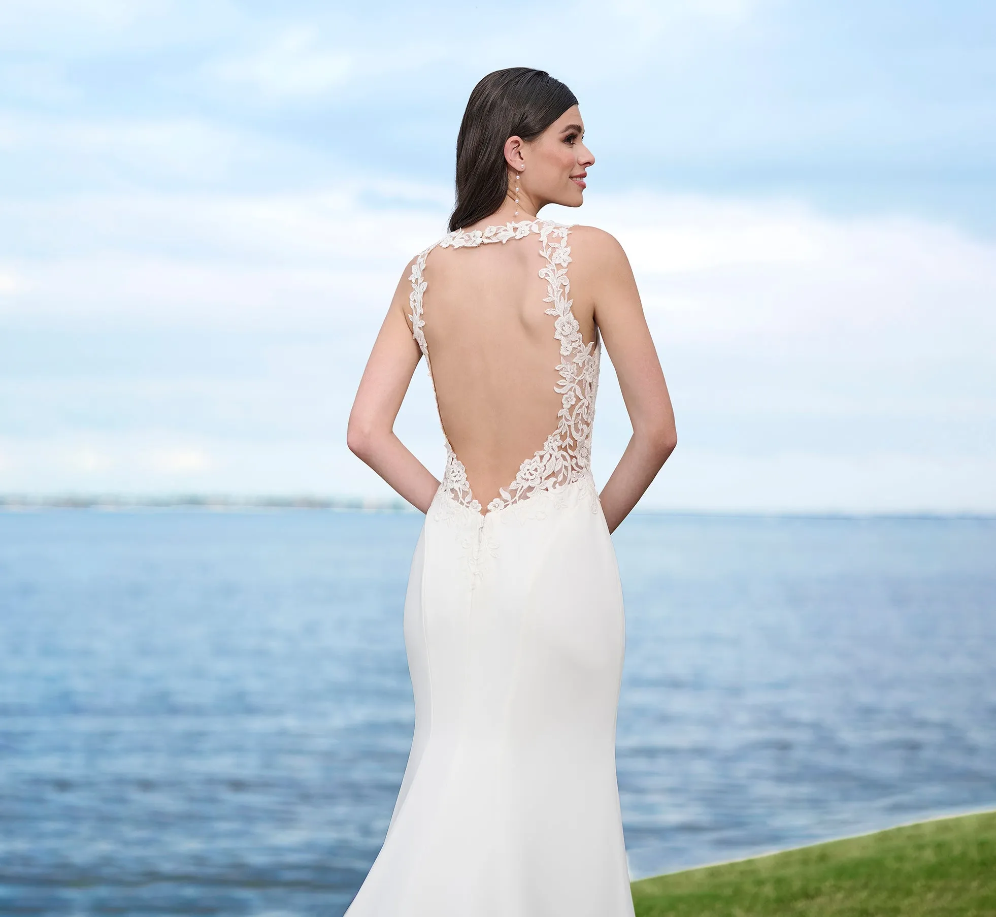 Lace And Stretch Crepe Gown With Halter Neckline In Ivory Nude