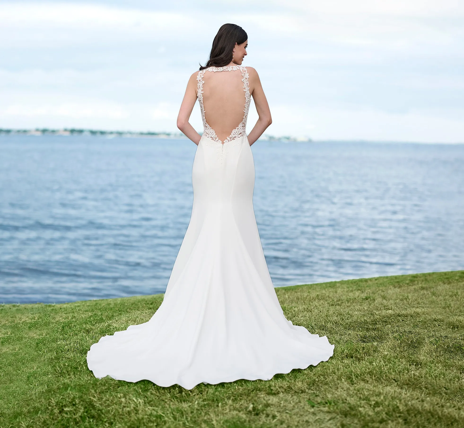 Lace And Stretch Crepe Gown With Halter Neckline In Ivory Nude