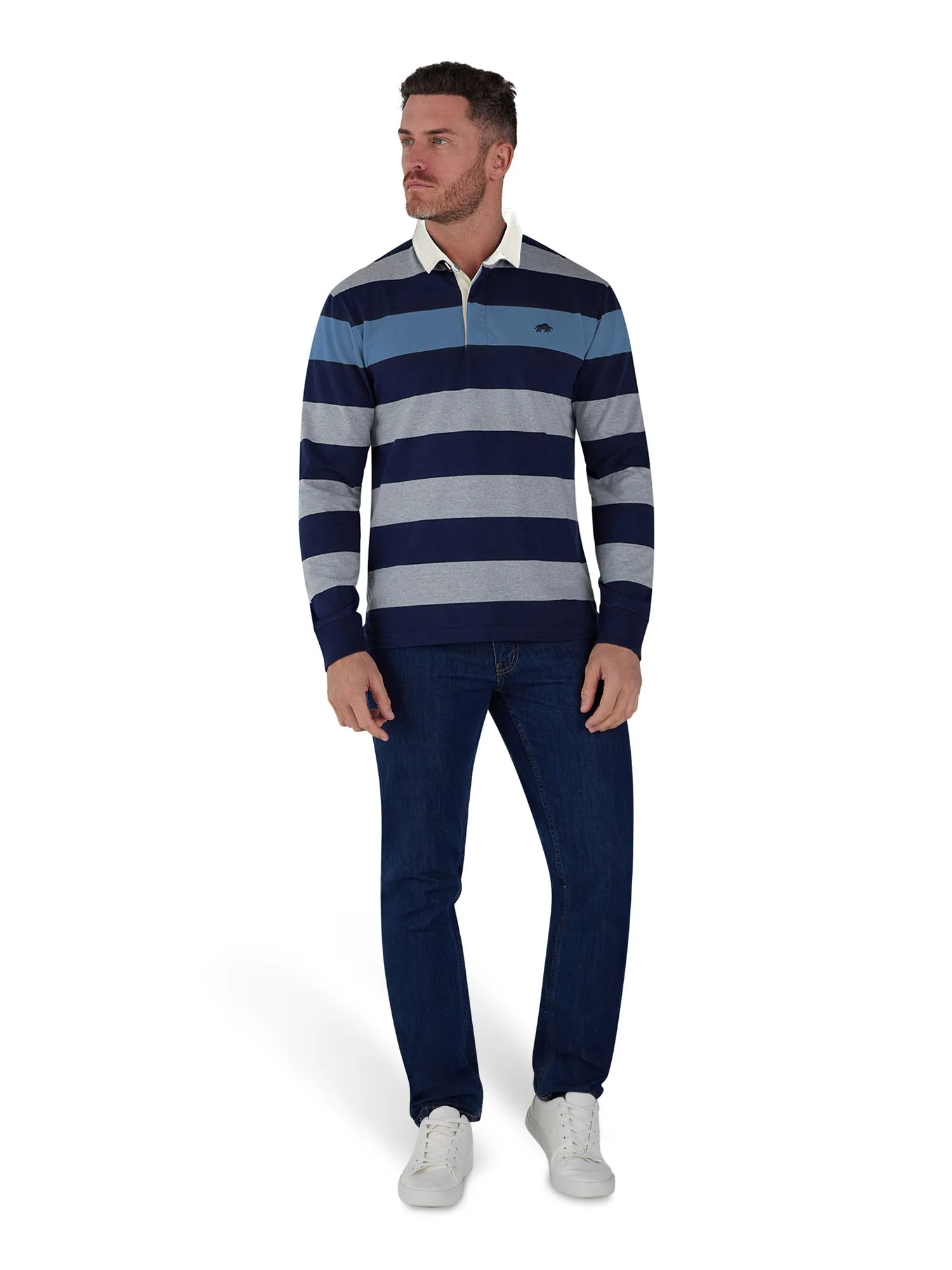 Long Sleeve Irregular Stripe Rugby - Grey & Blue