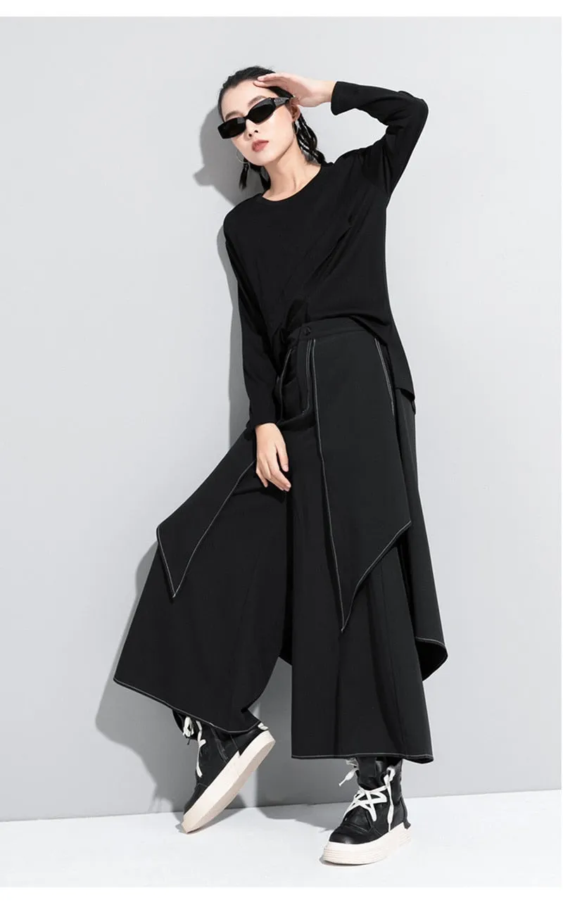 Luxe Irregular Wide Leg Black Linen Trousers