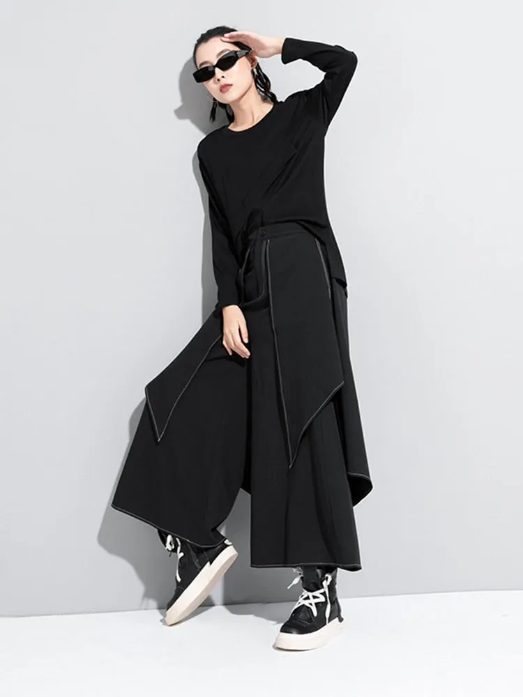 Luxe Irregular Wide Leg Black Linen Trousers