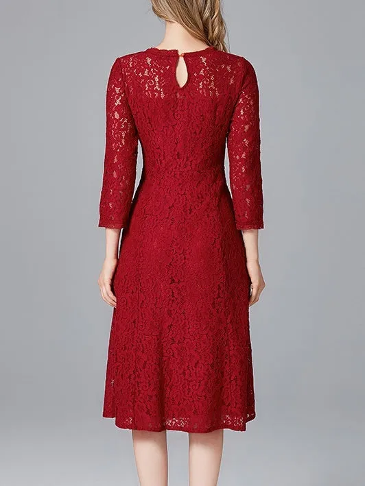 Maganda Simple Maroon Red Midi Lace Dress