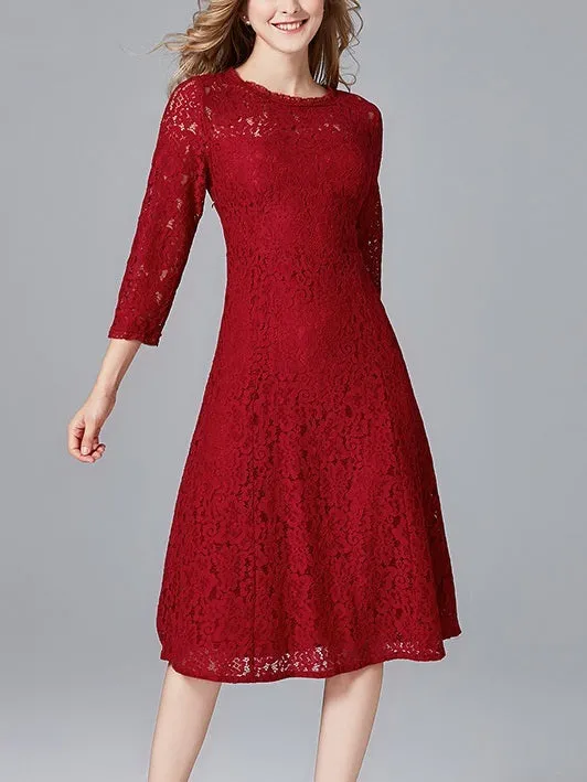 Maganda Simple Maroon Red Midi Lace Dress