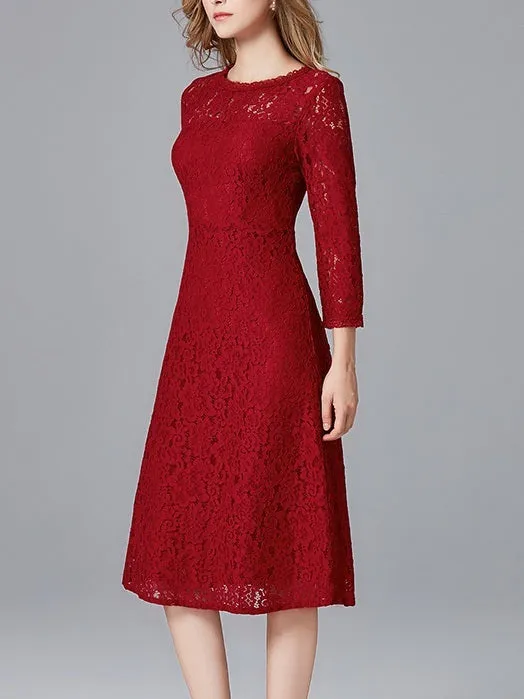 Maganda Simple Maroon Red Midi Lace Dress