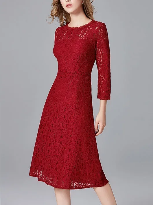 Maganda Simple Maroon Red Midi Lace Dress