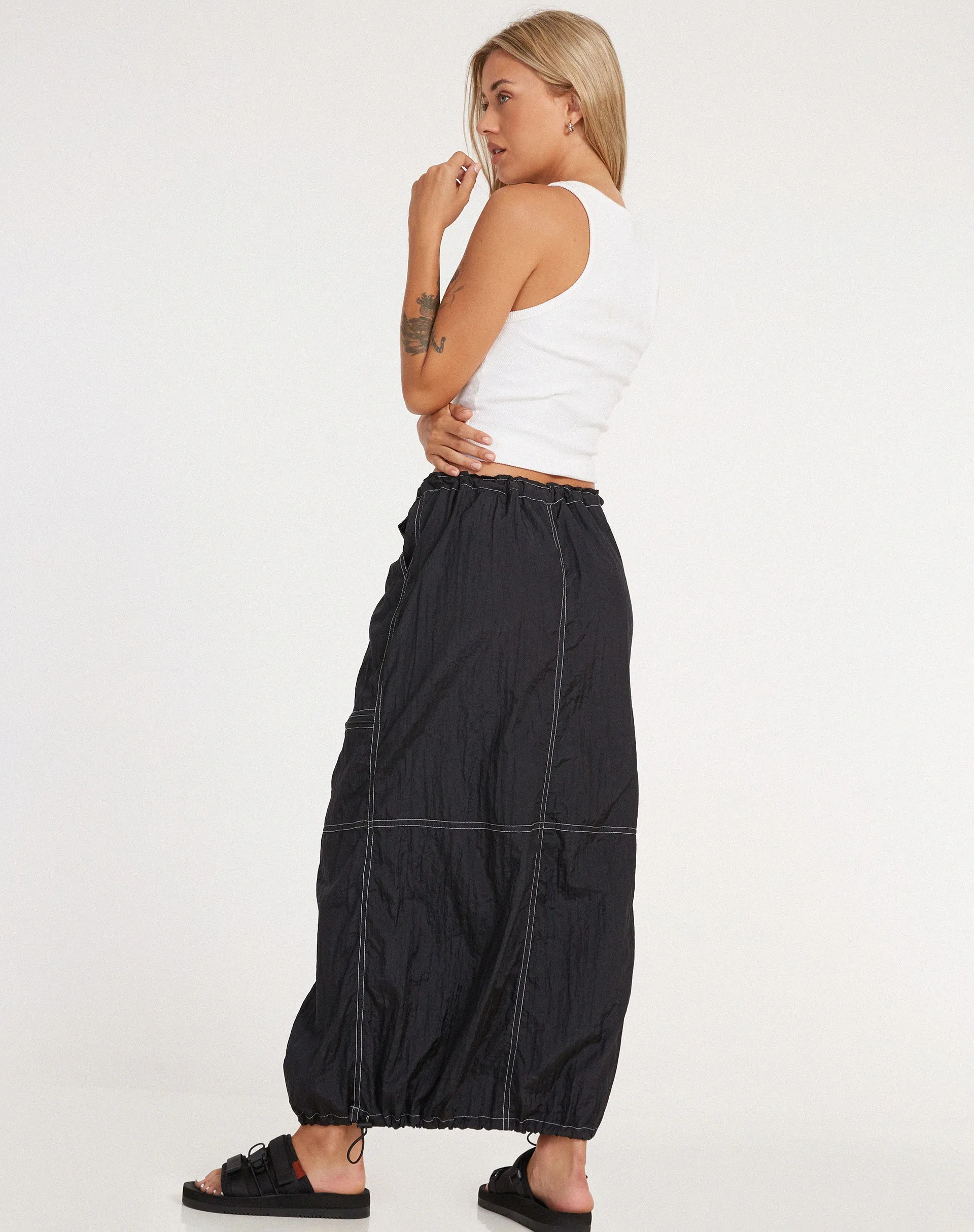 Masao Maxi Skirt in Parachute Black with White Stitch