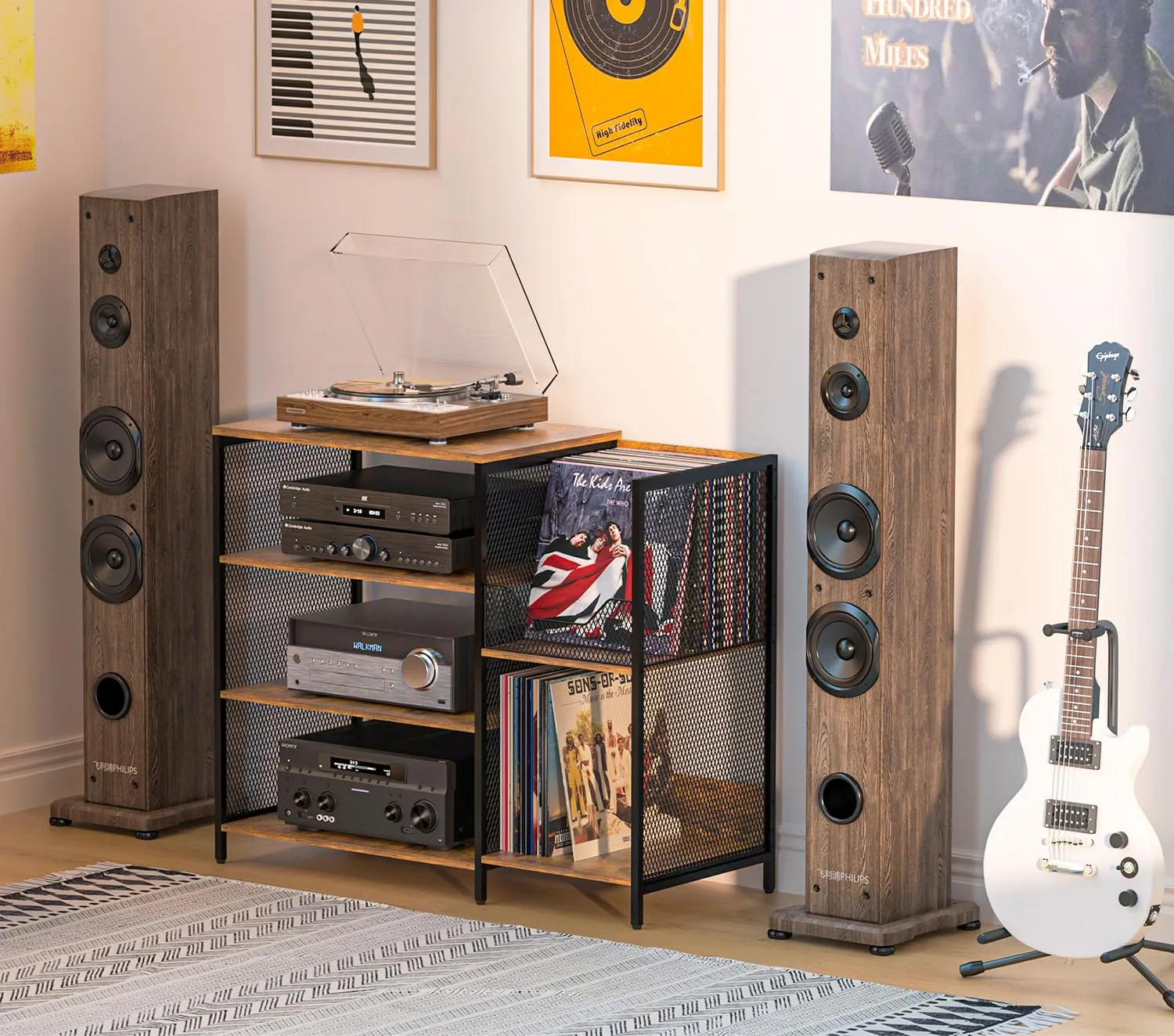 Media Console Table Stereo Stand Cabinet with Turntable Shelf, 4 Tier Record Player Stand Table with Vinyl Record Storage Holder, Audio Video Shelving Rack/Turntable Stand for Entertainment Center