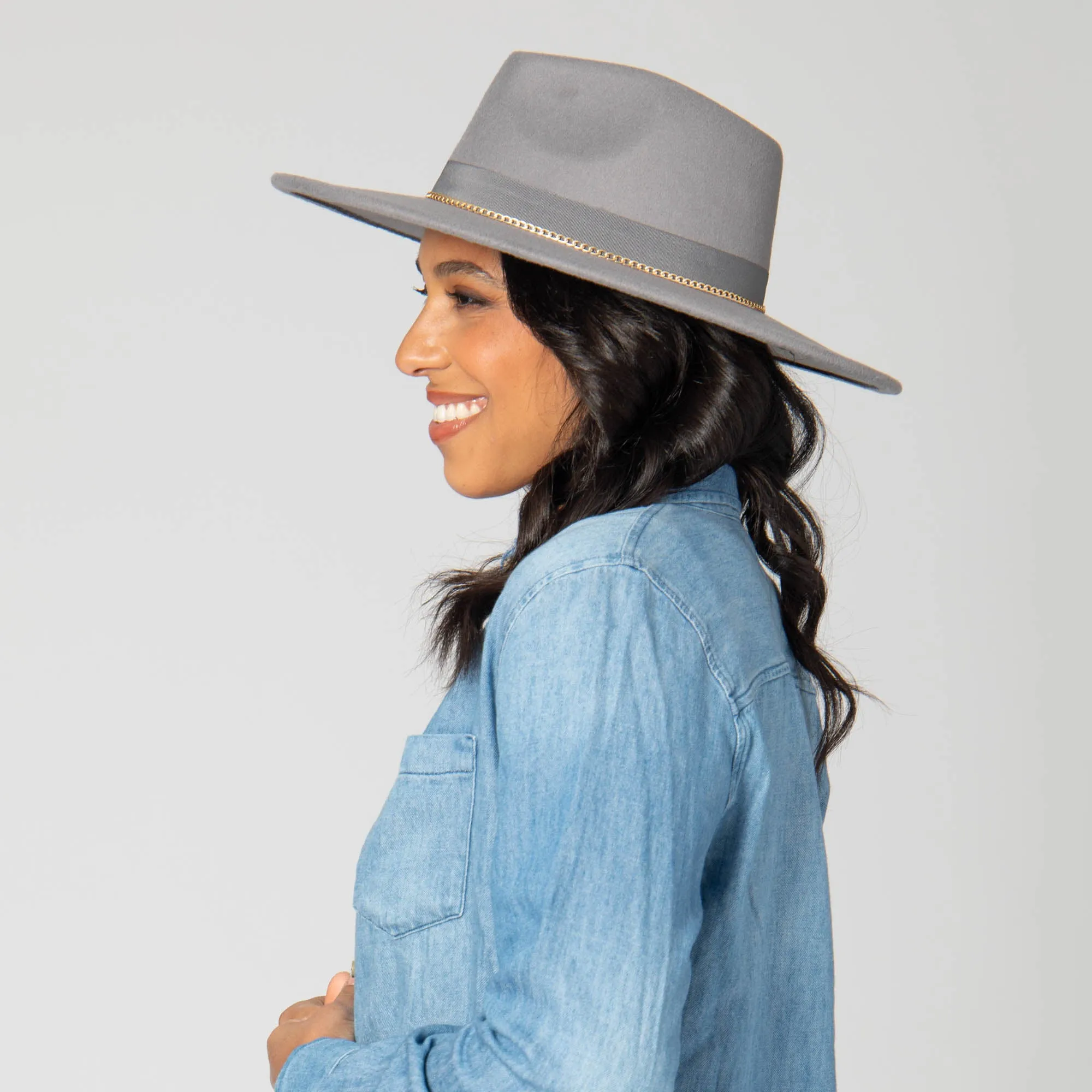 Mia - Faux Felt Fedora with Pinch Crown and Gold Trim Band