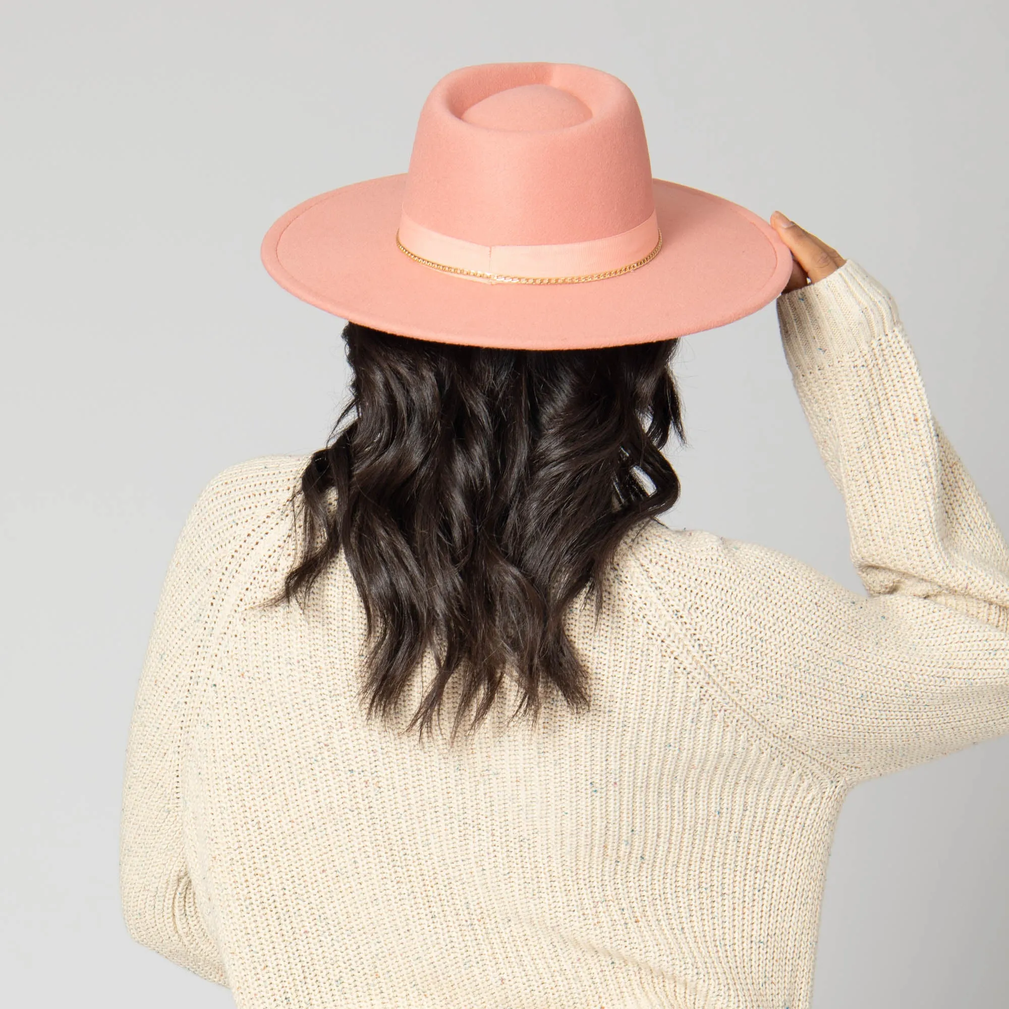 Mia - Faux Felt Fedora with Pinch Crown and Gold Trim Band