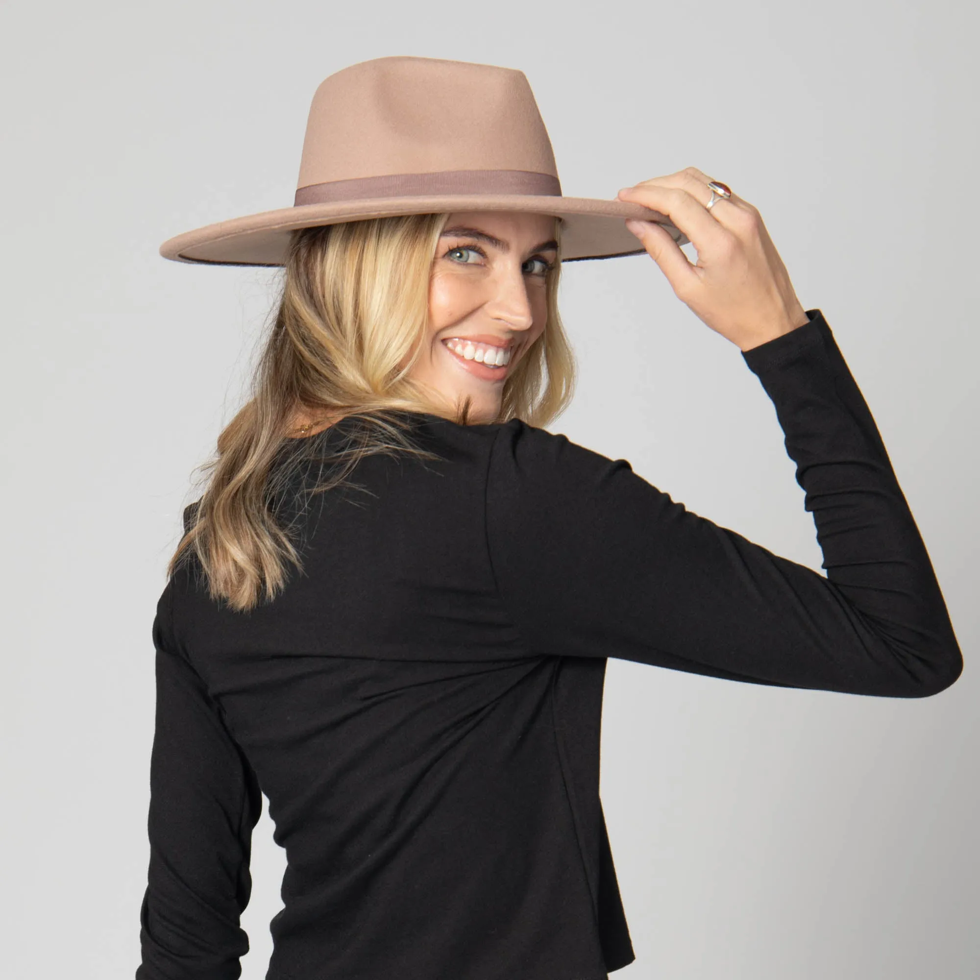 Mia - Faux Felt Fedora with Pinch Crown and Gold Trim Band