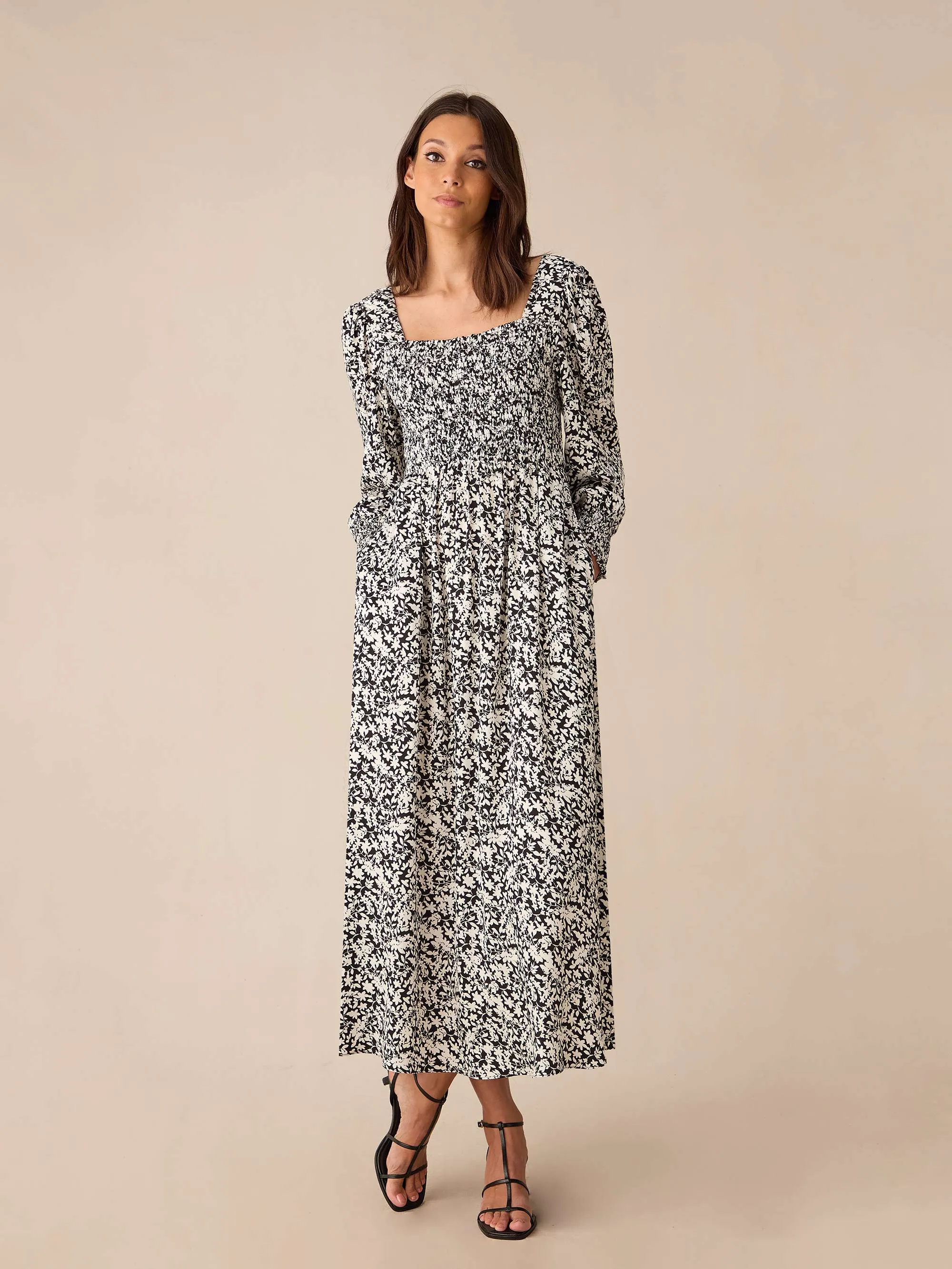 Mono Floral Print Shirred Midaxi Dress