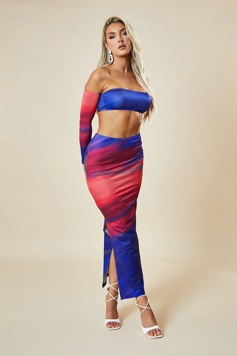 Multi Abstract Print Bandeau Crop Top & Maxi Skirt Co-ord Set - Manna