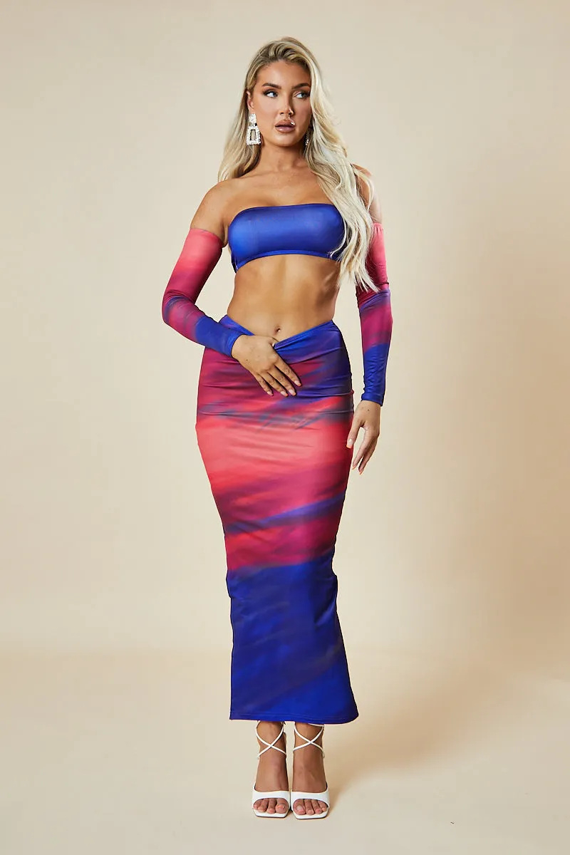 Multi Abstract Print Bandeau Crop Top & Maxi Skirt Co-ord Set - Manna