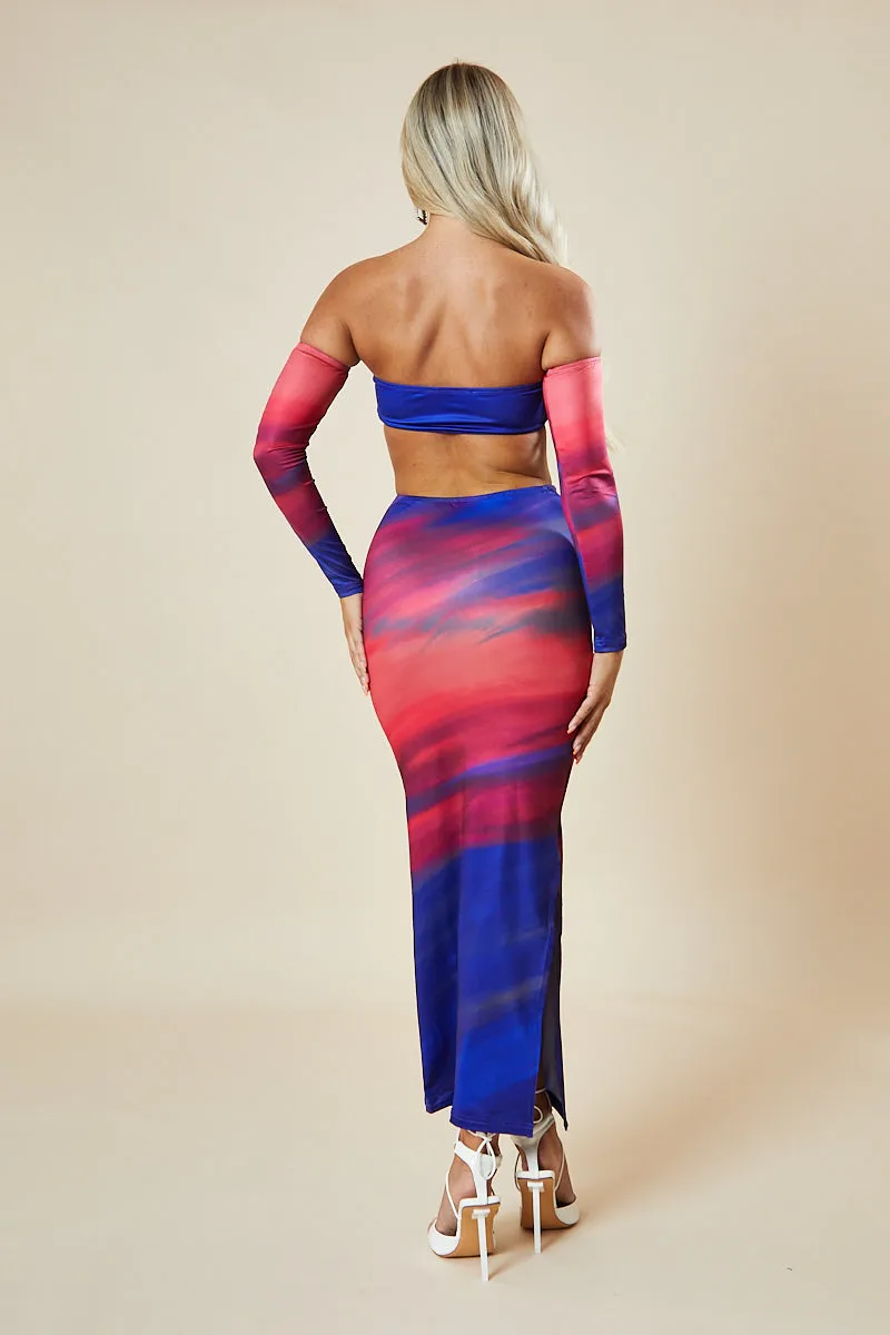 Multi Abstract Print Bandeau Crop Top & Maxi Skirt Co-ord Set - Manna