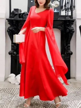 Naja Cape Plus Size Wedding Occasion Evening Mother of the Bride Long Sleeve Maxi Dress Gown (Red, Black)