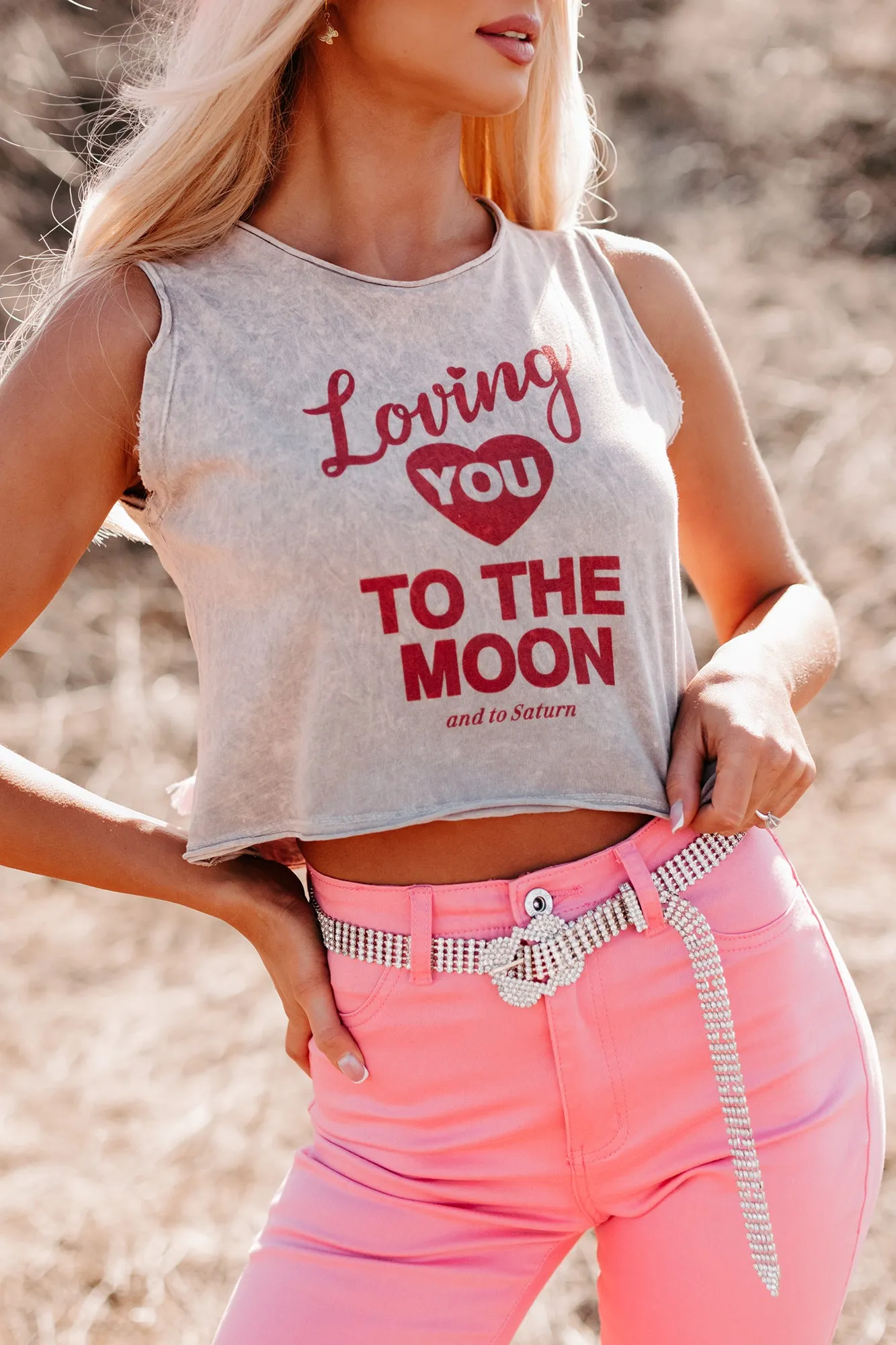 "To The Moon And Saturn" Mineral Wash Sleeveless Graphic Crop Top (Mauve)