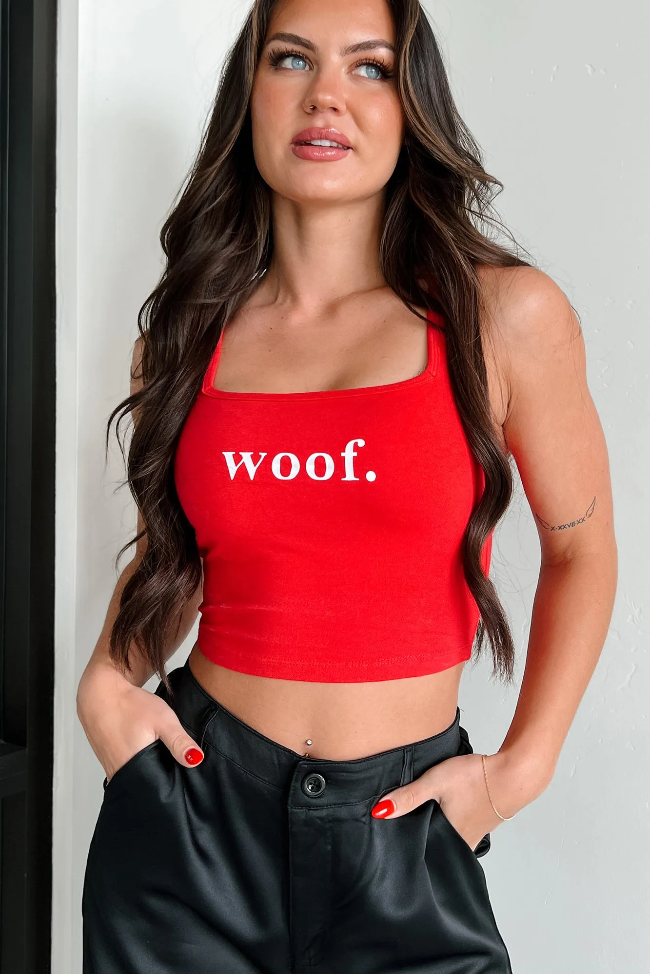 "Woof." Square Neck Crop Top (Red)