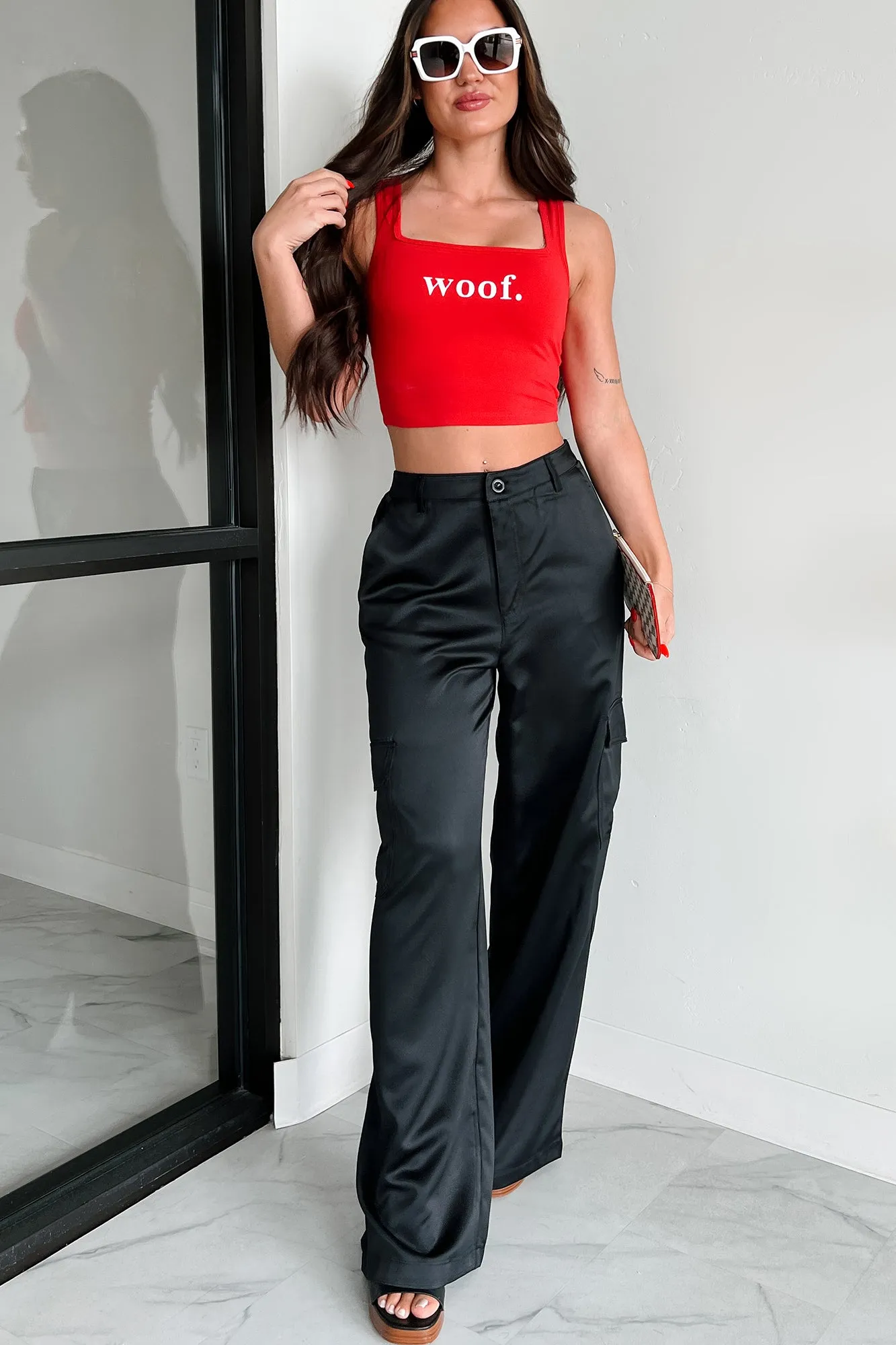 "Woof." Square Neck Crop Top (Red)