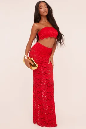 Red Lace Bandeau Cropped Top & Maxi Skirt Co-ord Set - Nian