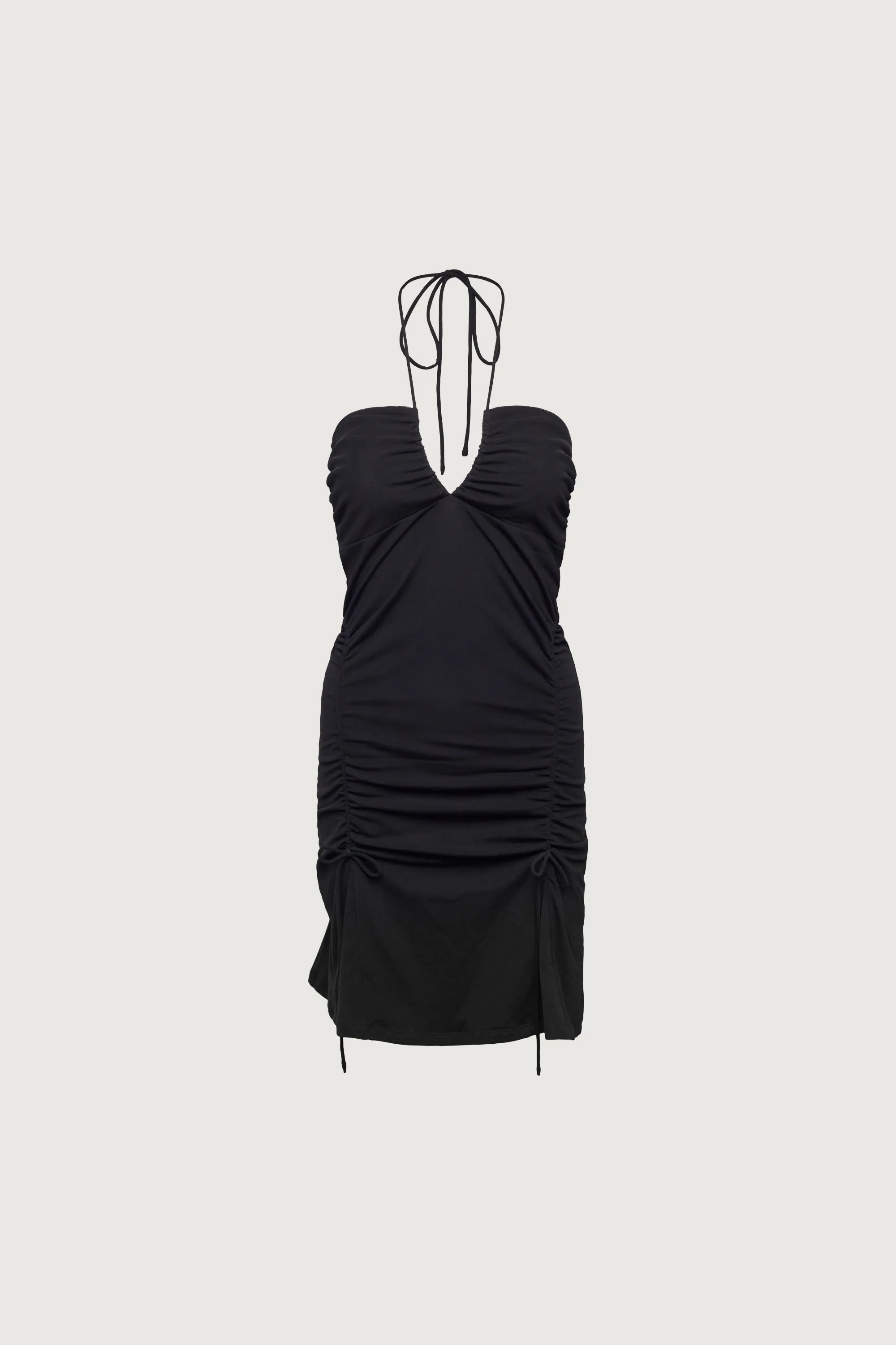 RUCHED HALTER MINI DRESS