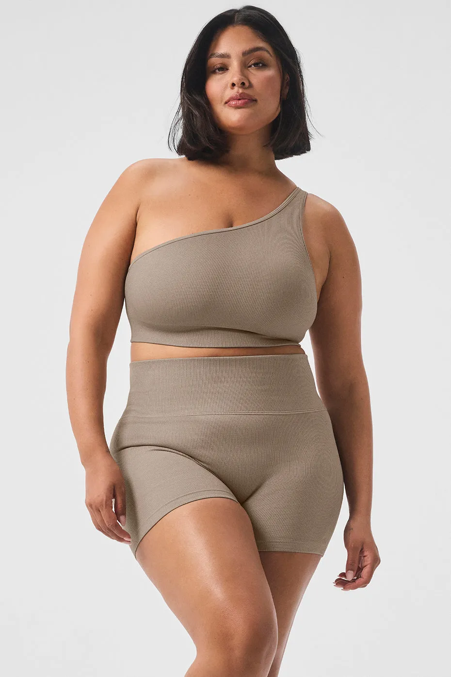 Seamless Ribbed Asymmetric Shimmer Bra Tank - Gravel