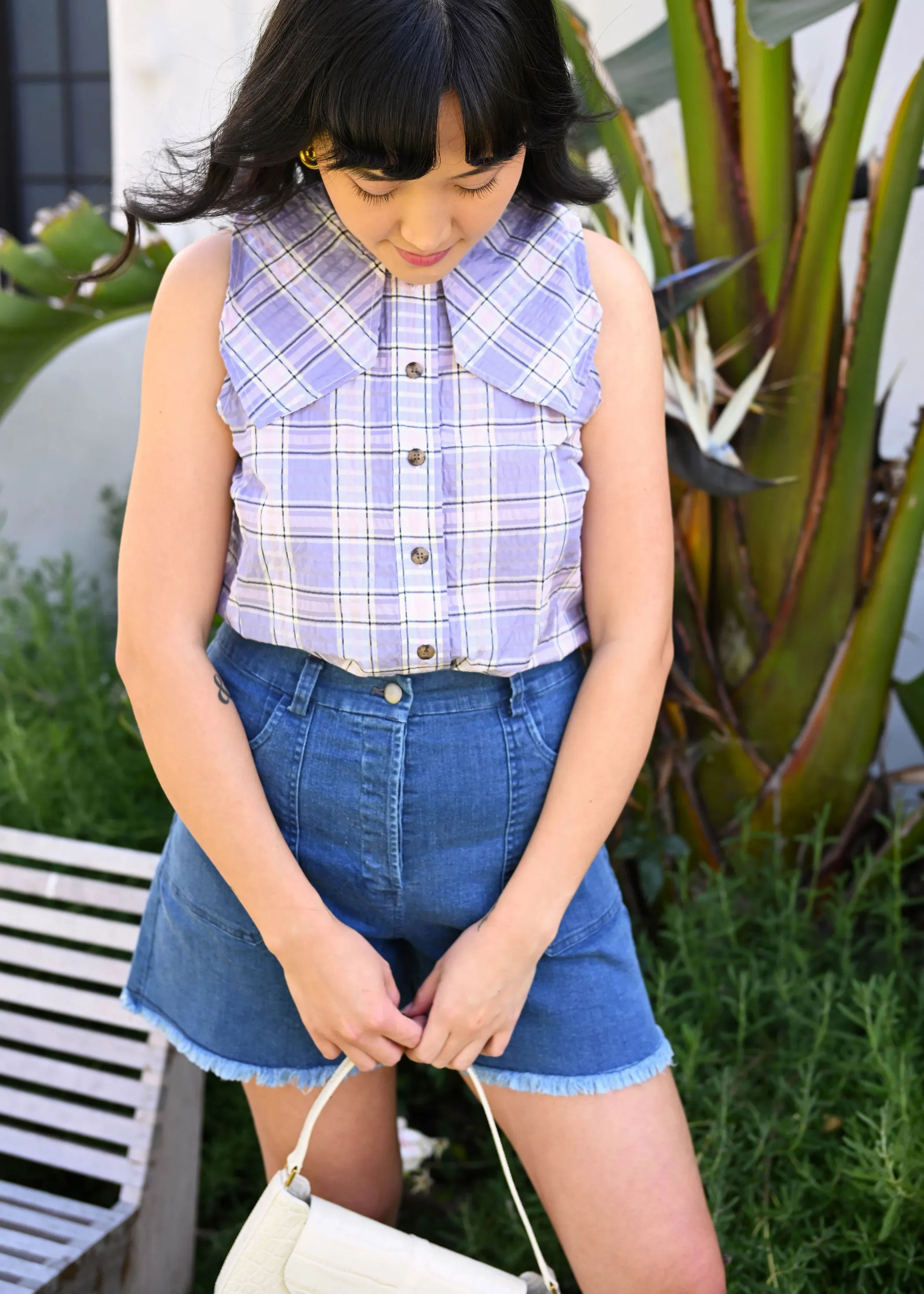 Seersucker Check Sleeveless Shirt - Check Persian Violet