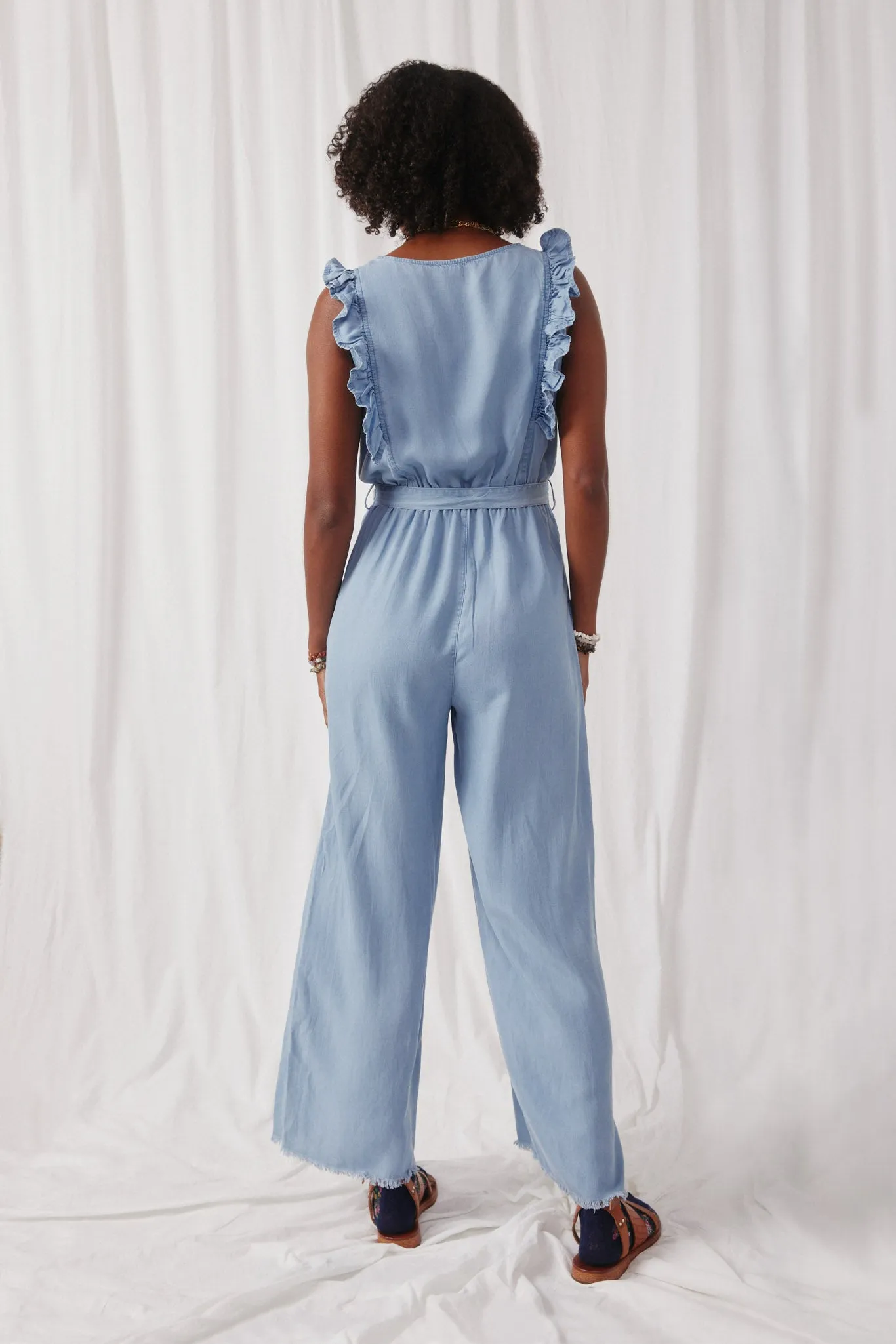 Tencel Buttoned Ruffle Tank Wideleg Jumpsuit