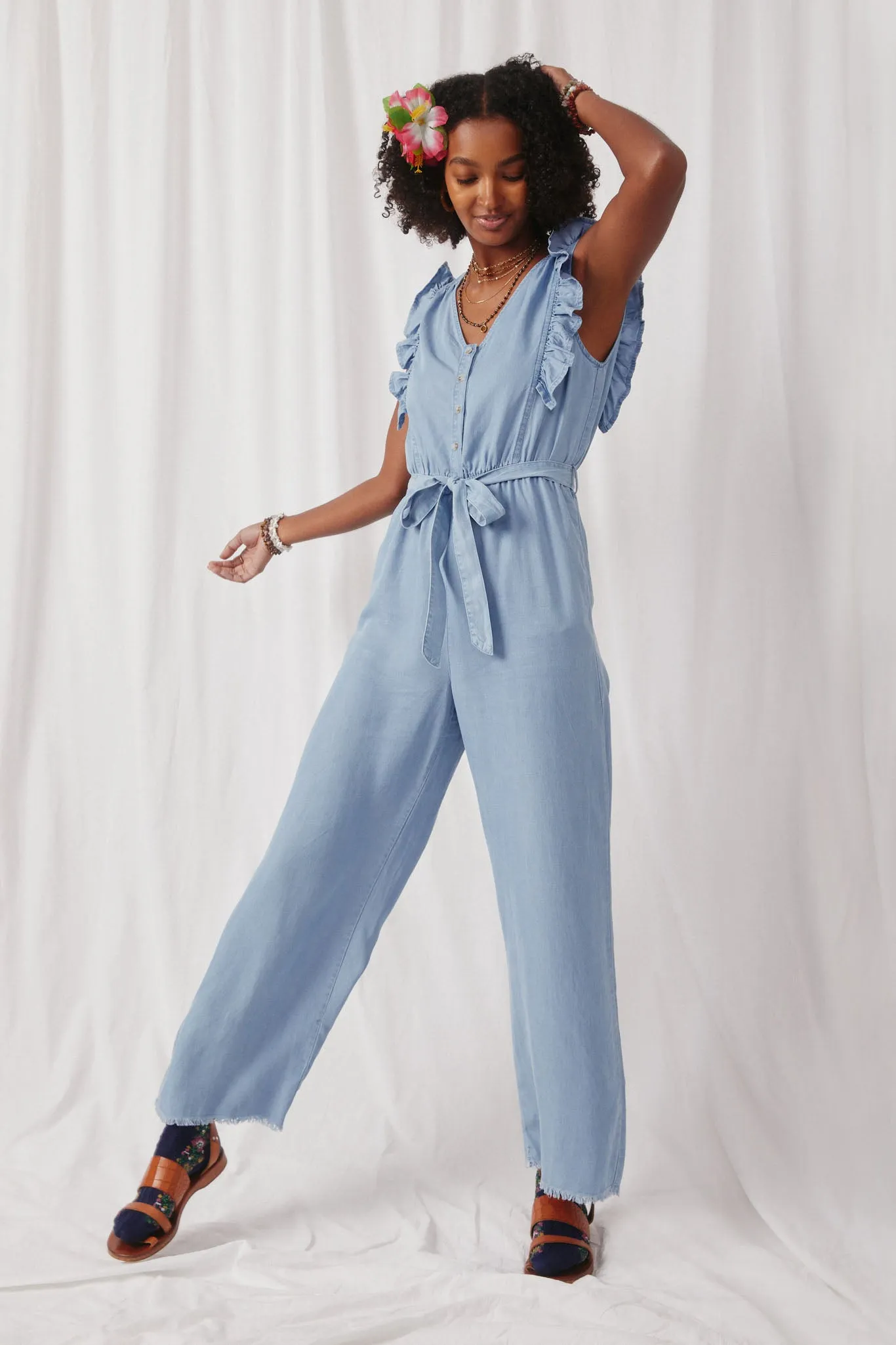 Tencel Buttoned Ruffle Tank Wideleg Jumpsuit