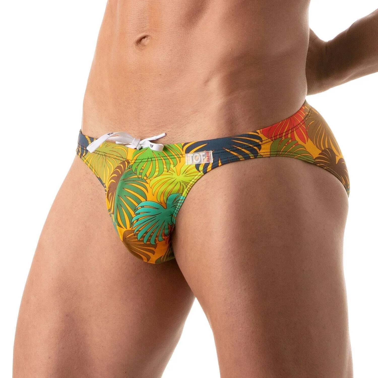 TOF PARIS Bikini Floral Swim-Brief Generous Front Pocket Swimwear Yellow 42