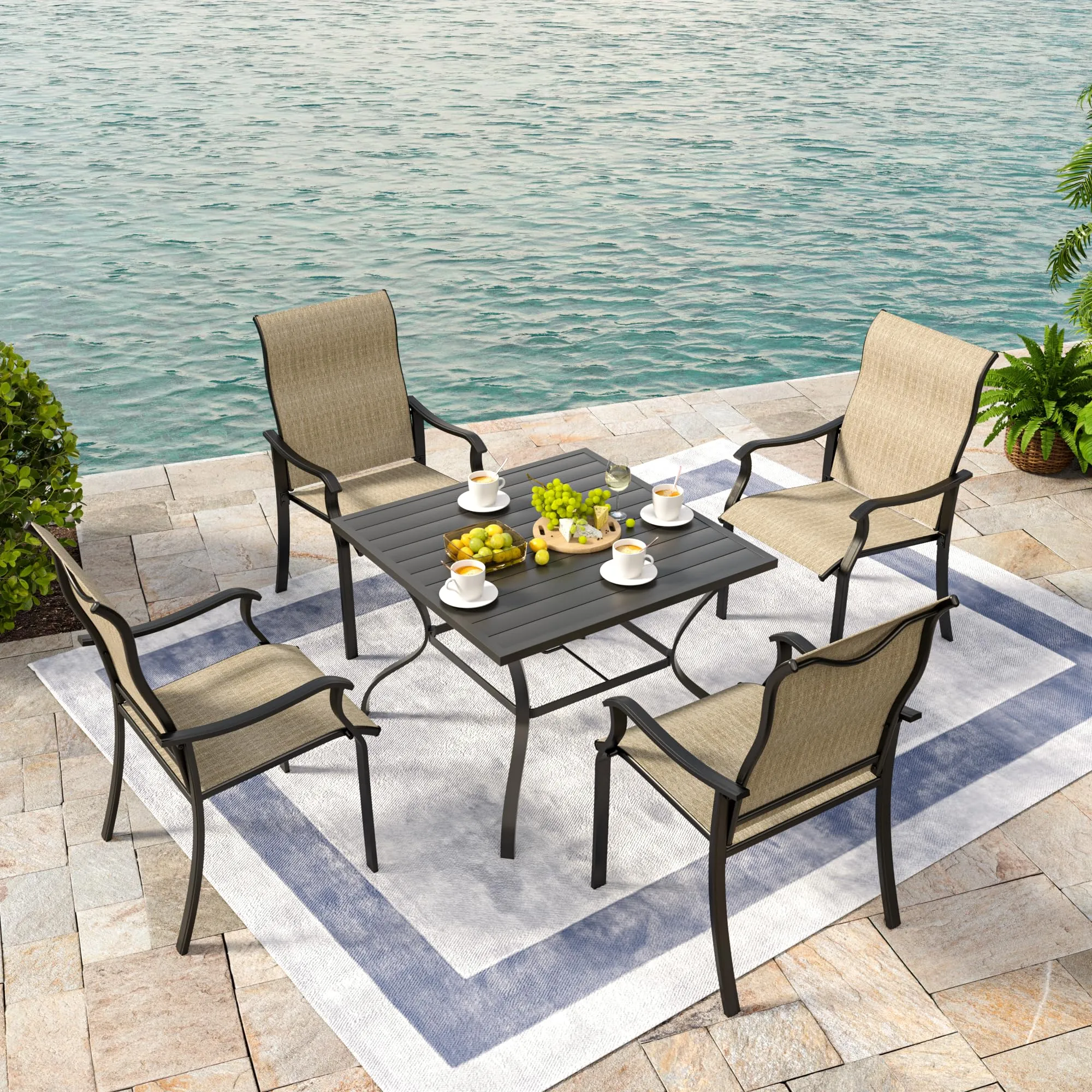 UDPATIO Patio Dining Chairs Set of 4, Outdoor Textilene Dining Chairs with High Back, Patio Furniture Chairs with Armrest, Metal Frame for Lawn Garden Backyard Deck, Brown