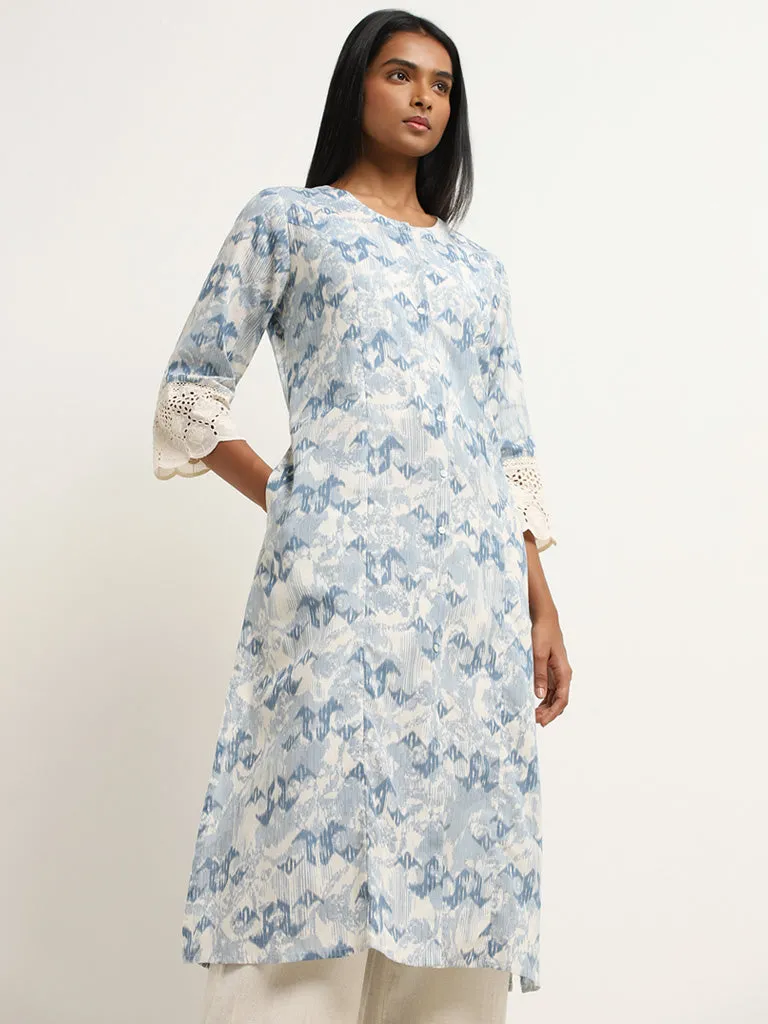 Utsa Blue Ikat Design A-Line Cotton Blend Kurta