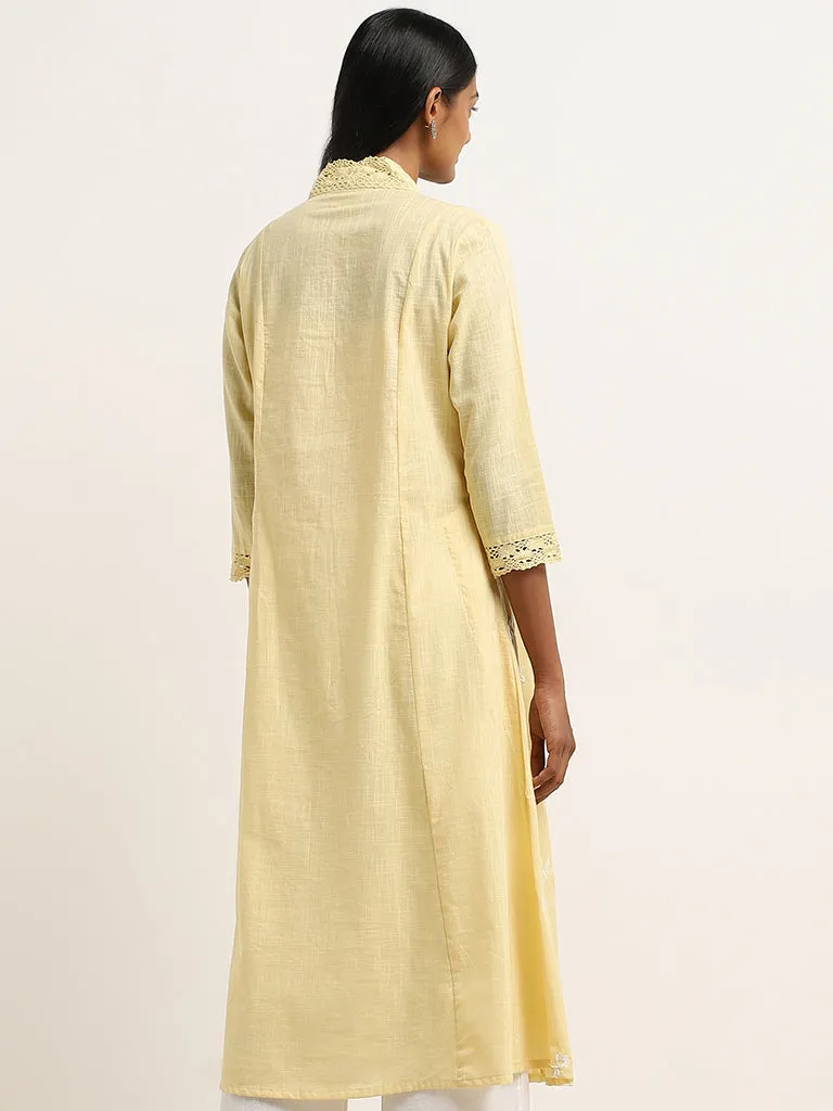 Utsa Yellow Floral Embroidered Fit-and-Flare Cotton Kurta