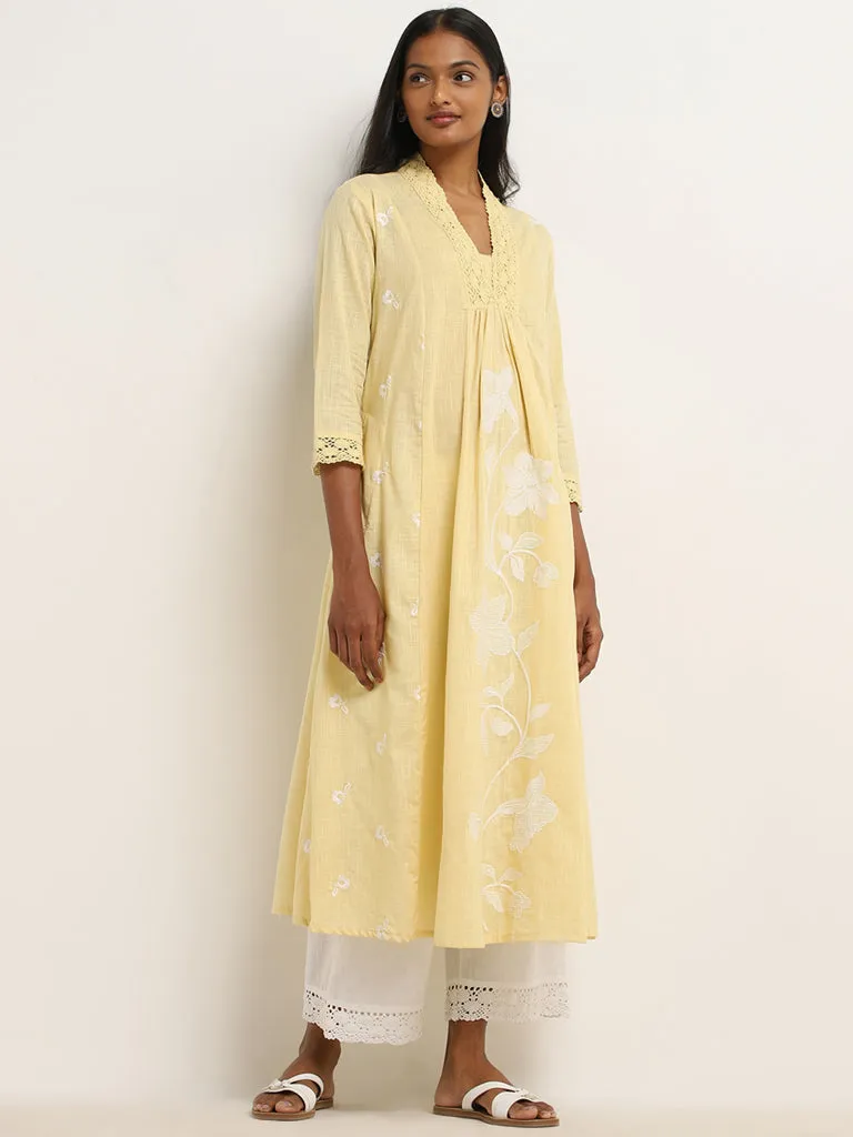 Utsa Yellow Floral Embroidered Fit-and-Flare Cotton Kurta