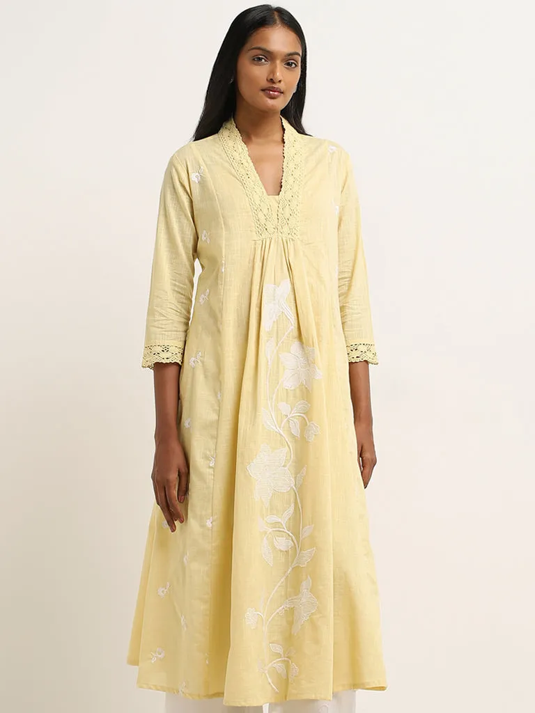 Utsa Yellow Floral Embroidered Fit-and-Flare Cotton Kurta