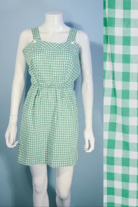 Vintage 60s Green and White Gingham Mini Day Dress, Cottagecore S