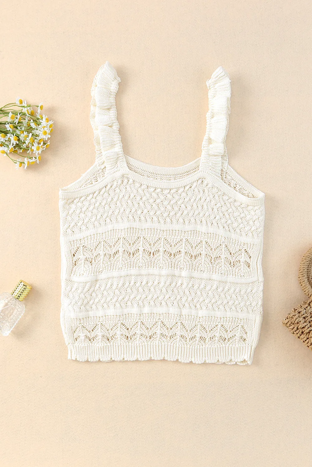 White Ruffle Straps Crochet Knit Tank Top