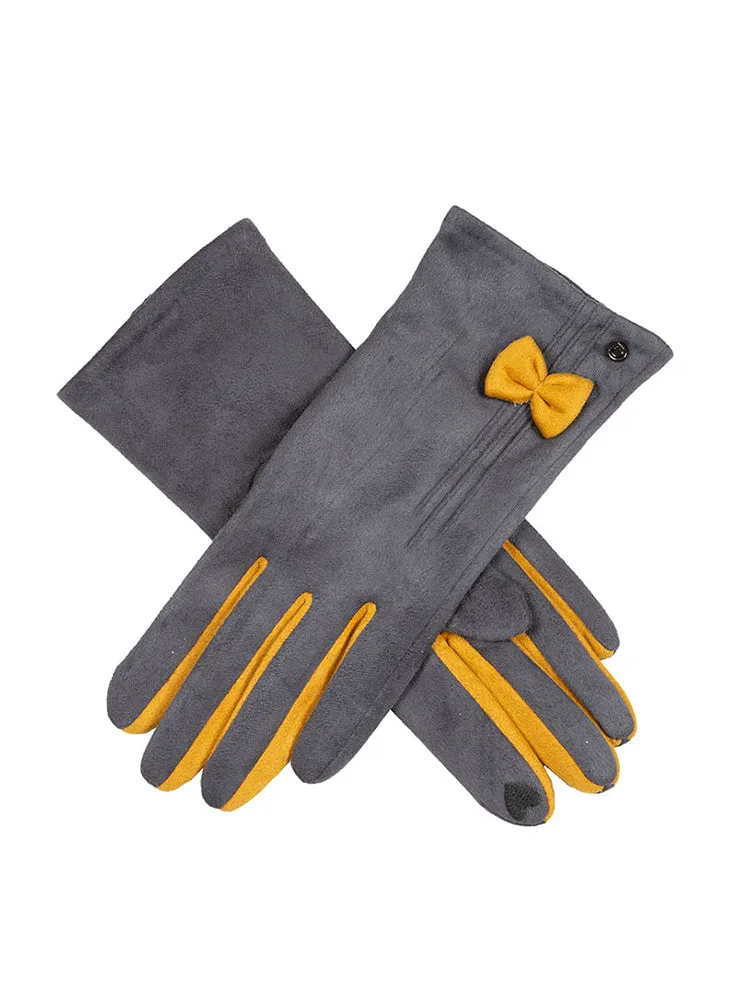 Women's Touchscreen Velour-Lined Faux Suede Gloves with Colour Contrast Details