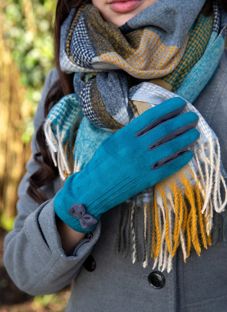 Women's Touchscreen Velour-Lined Faux Suede Gloves with Colour Contrast Details