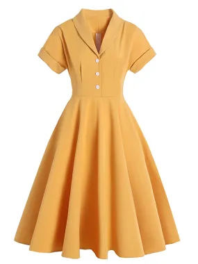 Yellow 1950s Solid Buttoned Swing Dress