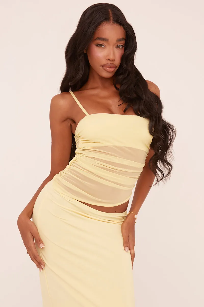 Yellow Ruched Mesh Top & Maxi Skirt Co-ord Set - Timberly