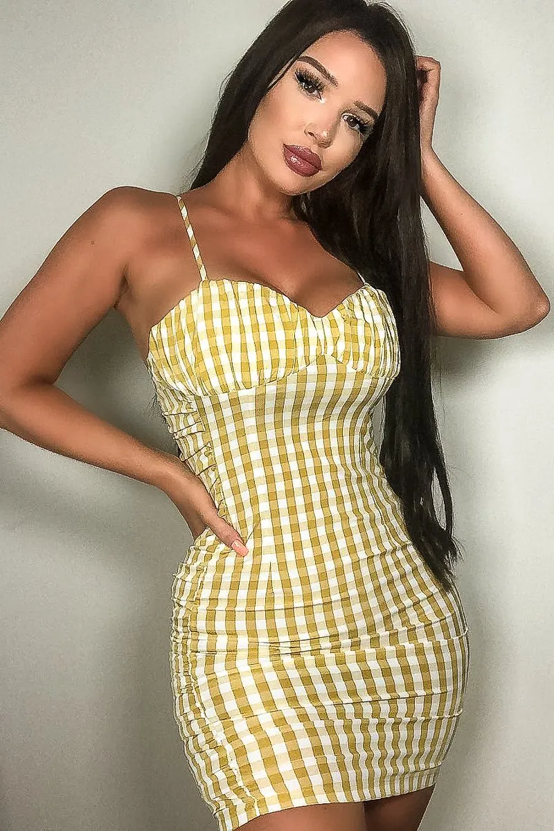 Yellow White Check Sleeveless Shirred Cup Midi Dress - Suzi