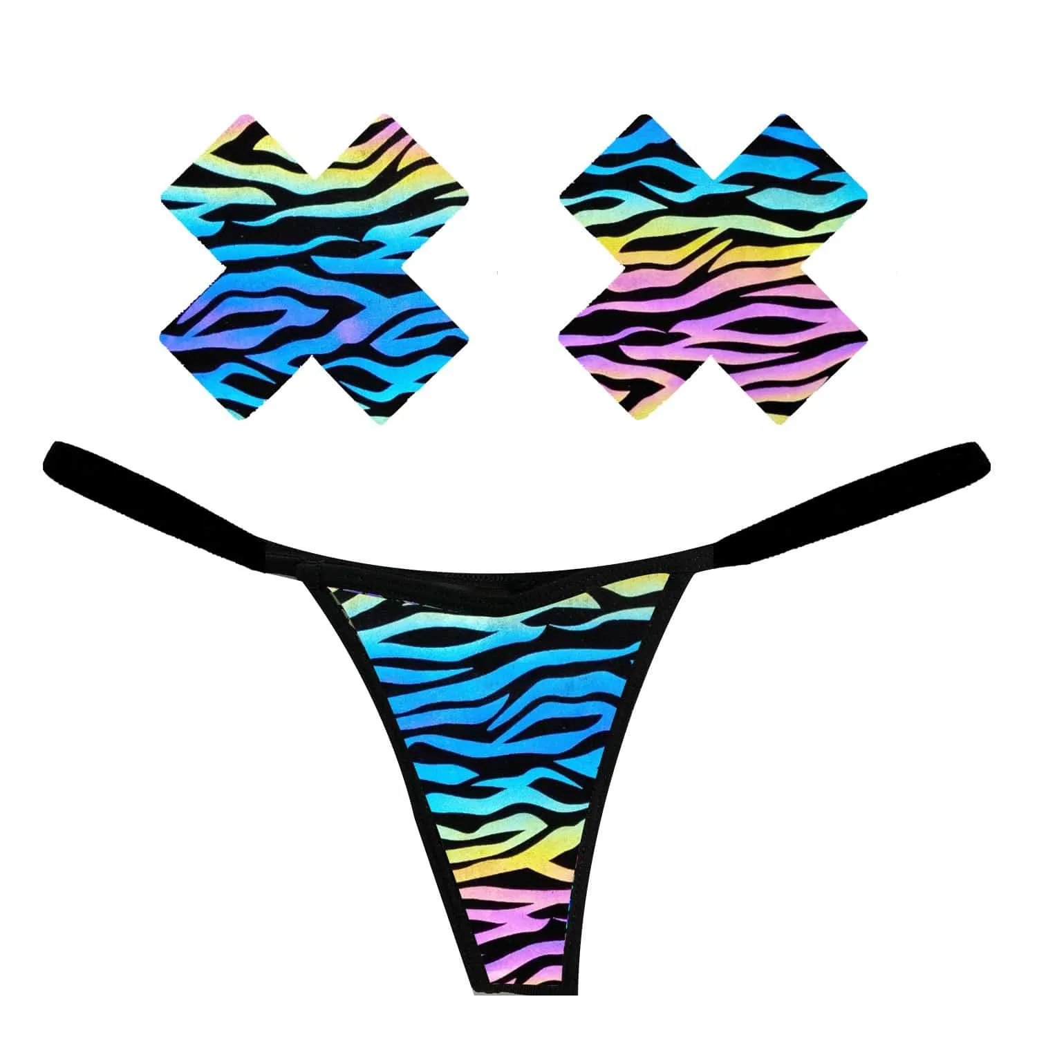 Zombie Zebra Rainbow Reflective Pastie and Pantie Lingerie Set